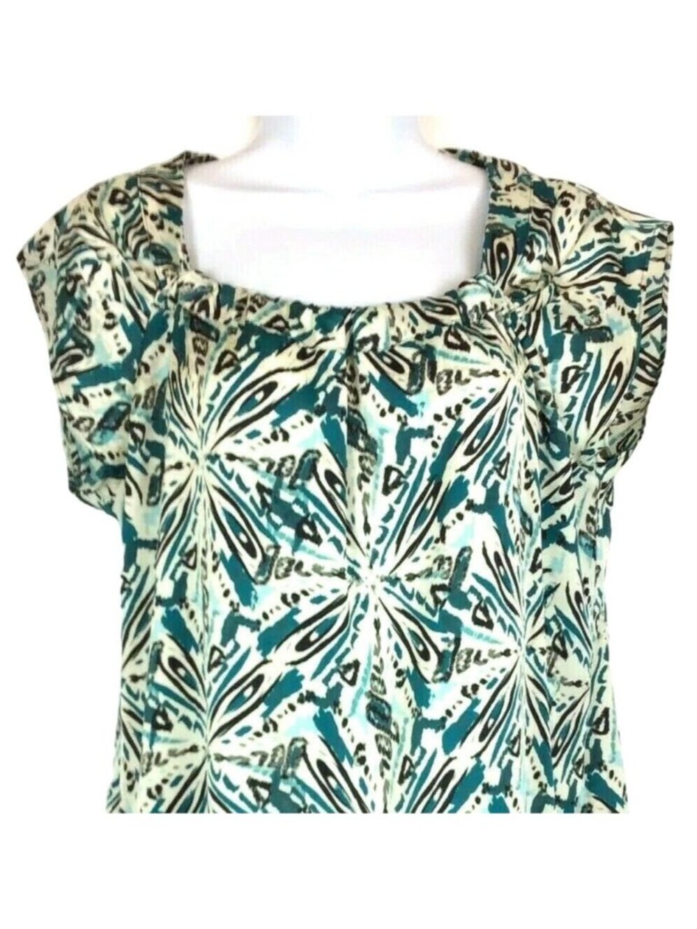 Ann Taylor Outlet Blouse Top Small Teal Black Ruched Neck Cap Sleeve Career